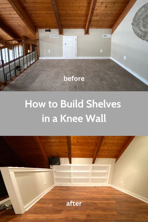 How to Build Shelves in a Knee Wall: A Step-by-Step Guide - DIY Home Improvement Blog Knee Wall Storage Ideas, Knee Wall Built Ins, Knee Wall Ideas, Knee Wall Storage, Stairs Height, Build Shelves, Wall Nook, Kids Room Bookshelves, Building Shelves