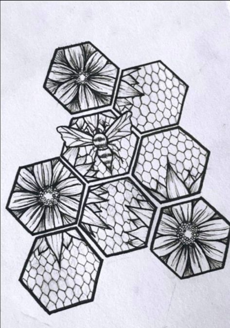 Honeycomb Drawing Pattern, Quilting Tattoos, Geometric Bee Tattoo, Honeycombs Drawings, Observational Drawings, Honeycomb Tattoo, Traditional Tattoo Sleeve, Daisy Tattoo, Observational Drawing