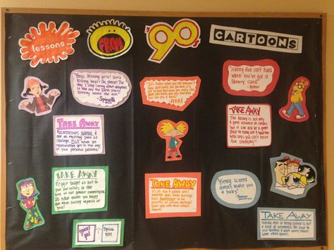 90's cartoons RA bulletin board 90s Bulletin Board Ideas, 90s Bulletin Board, Hall Themes, Ra Programs, Resident Assistant Bulletin Boards, Time Management College Student, Dorm Themes, College Bulletin Boards, Ra Themes