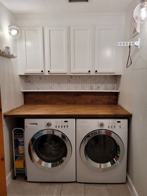 Dewalt paint gun, Hardwood Reflections butcher block Laundry With Butcher Block Counter, Laundry Room Butcher Block, Cheap Laundry Room Makeover, Laundry Room Update, Laundy Room, Laundry Makeover, Small Laundry Room Makeover, Pantry Laundry Room, Small Laundry Room Organization