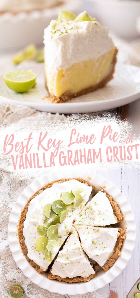 Homemade Key Lime Pie is one of my favorite summer desserts! It’s a brown sugar graham cracker crust (also made with vanilla wafers), has a key lime cream pie filling (it’s a key lime custard pie made without sweetened condensed milk), and it’s topped with silky homemade whipped cream. It’s one of my all time favorite key lime pie recipes! Key Lime Custard Filling, Key Lime Cream Pie, Key Lime Custard, Homemade Key Lime Pie, Lime Custard, Key Lime Recipes, Key Lime Pie Bars, Cream Pie Filling, Vanilla Wafer Crust