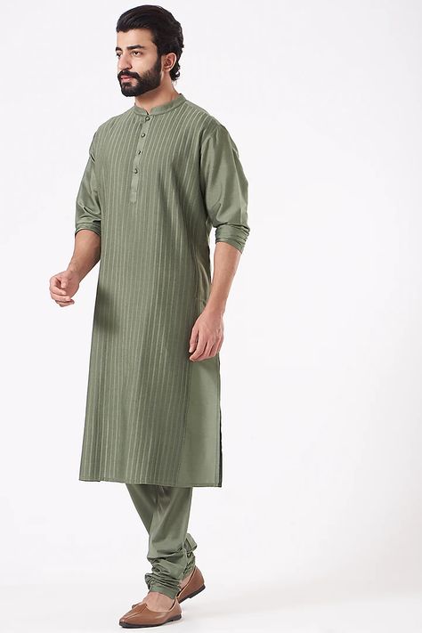 Olive Green Pintucked Kurta Set Design by Abhishek Gupta Men at Pernia's Pop Up Shop 2022 Pintuck Kurta Men, Kurta Designs For Men, Indian Fashion Designers, Pernia Pop Up Shop, Kurta Designs, Churidar, Kurta Set, Clothes Ideas, Mens Clothing