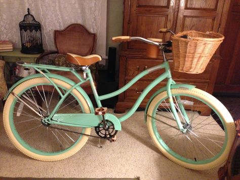 My Huffy mint green beach cruiser bike. I replaced the small silver basket it comes with with a wicker one. Huffy Beach Cruiser, Vintage Cruiser Bike, Huffy Bike, Cruiser Bikes, Beach Cruisers, Beach Cruiser Bike, Green Bike, Silver Basket, Beach Cruiser Bikes