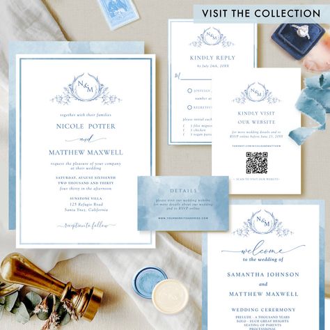 Navy Blue Wedding Theme, Envelope Liners Wedding, Watercolor Monogram, Watercolor Wedding Invitation, Elegant Monogram, Monogram Wedding Invitations, Wedding Anniversary Invitations, Floor Decal, Belly Band Invitation