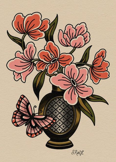 Aesthetic American Traditional Tattoos, Florist Tattoo, Tropical Bouquet Tattoo, American Traditional Potted Plant Tattoo, American Traditional Floral Tattoo, Traditional Vase Tattoos Color, Cottage Core Traditional Tattoo, Vase Tattoo Traditional, American Traditional Flower Vase Tattoo