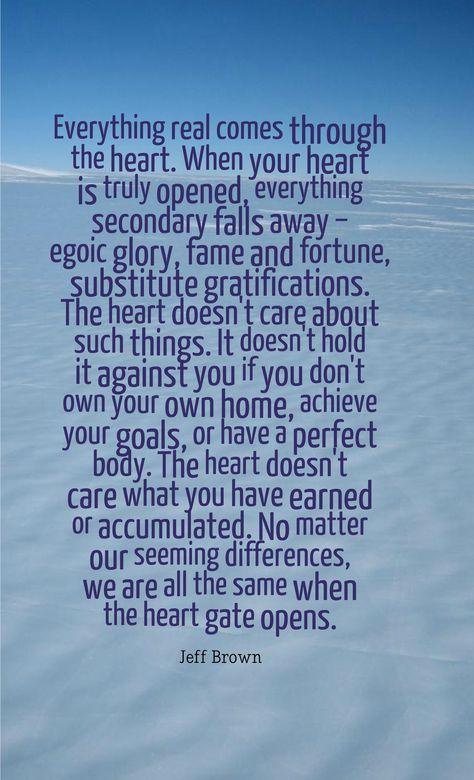 "Everything real comes through the heart. When your heart is truly opened, everything secondary falls away – egoic glory, fame and fortune, substitute gratifications. The heart doesn't care about such things. It doesn't hold it against you if you don't own your own home, achieve your goals, or have a perfect body. The heart doesn't care what you have earned or accumulated. No matter our seeming differences, we are all the same when the heart gate opens." ~Jeff Brown Taken Quotes, Crazy Heart, Fame And Fortune, Dear Self, Yoga Quotes, Writing Words, Crazy People, Open Heart, New Quotes