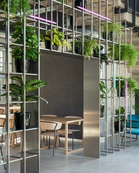 Boho Cafe, Wall Dividers, Thermal Power Plant, Industrial Windows, Innovative Office, Bergamo Italy, Green Office, Office Plants, Retail Furniture