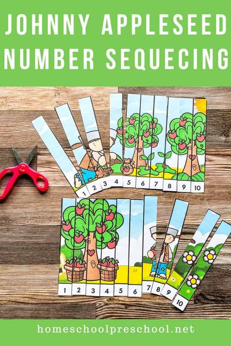 Number Sequence Puzzle, Puzzles For Preschoolers, Johnny Appleseed Craft, Preschool Christmas Activities, Free Printable Numbers, Tree Collage, Sequencing Cards, Johnny Appleseed, Learning At Home