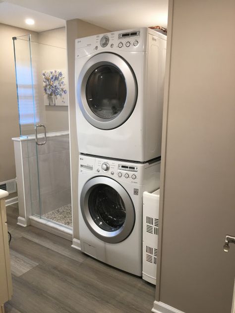 Washer And Dryer In Bathroom, Small Bathroom With Washer And Dryer, Dryer In Bathroom, Washer Dryer Laundry Room, Stackable Laundry, Traditional Laundry Room, Custom Laundry Room, Laundry Room Wallpaper, Stackable Washer And Dryer