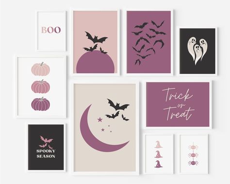 Purple Halloween Gallery Wall Bundle*, Minimal Purple/Pink Halloween Decor, Instant Digital Download** * This bundle includes 10 unique designs. Each design in this bundle comes in 4 different ratios, representing 16 different print sizes.  ** THIS IS AN INSTANT DIGITAL DOWNLOAD. NO PHYSICAL PRINT WILL BE SHIPPED. Purple Halloween Gallery Wall Print Set | Instantly download and print this printable wall art (instant gratification guarantee!) and frame to refresh your wall decor. Printable wall art makes it easy and affordable to change up your wall decor as often as you wish. Printables also make great last-minute gifts or party & holiday decor.  SIZING INFORMATION Your download includes: >> A zip folder including a total of 40 high-resolution (300dpi) files, which represents 10 designs, e Purple Halloween Decor, Black Halloween Decor, Purple Table Settings, Halloween Gallery Wall, Wall Print Set, Halloween Bedroom, Purple Wreath, Diy Halloween Decor, Instant Gratification