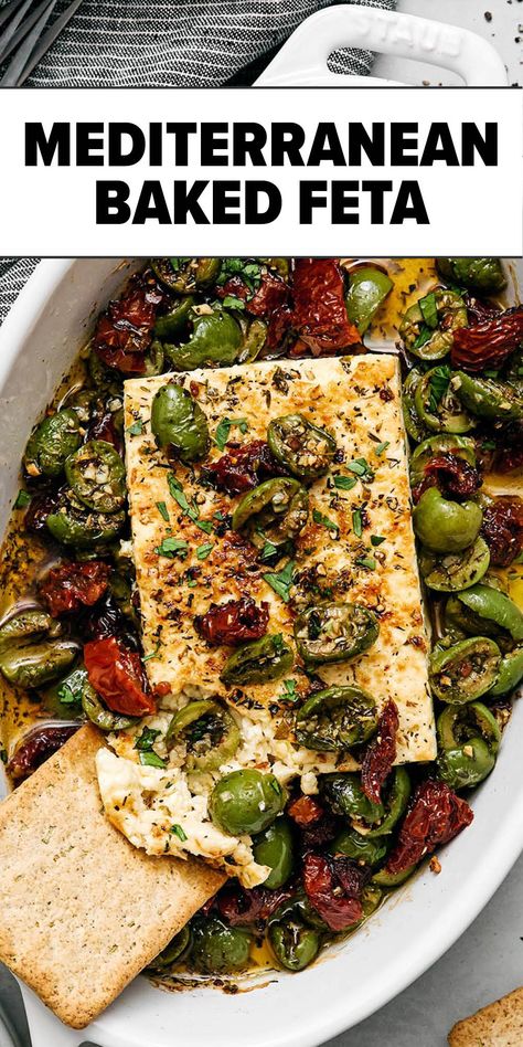 Mediterranean baked feta recipe. Wine Night Dinner Ideas, Mediterranean Party Food Ideas, Feta Appetizers For Party, Mediterranean Starters, Mediterranean Thanksgiving Recipes, Whipped Feta With Beets, Olive Meals, Mediterranean Diet Sides, Mediterranean Christmas Dinner