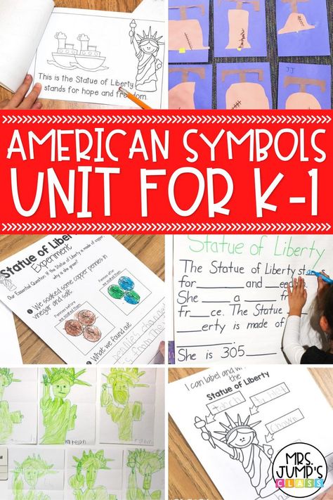 Within this American symbols unit for kindergarten, students can learn all about the Statue of Liberty, Liberty Bell and more. In this post, I share some examples of activities, as well as some American Symbol anchor chart examples. Us Symbols First Grade, American Symbols First Grade, American Symbols Crafts, American Symbols Kindergarten, American Symbols Unit, Presidents Worksheets, Kindergarten Social Studies, American Symbols, Teaching First Grade