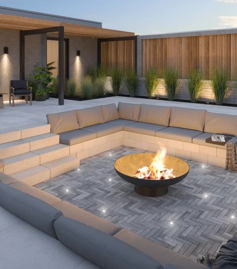 Sunken Fire Pits, Backyard Buildings, Patio Garden Design, Outdoor Gardens Design, Modern Patio, Outdoor Decor Backyard, Modern Landscaping, Terrace Garden, Outdoor Fire