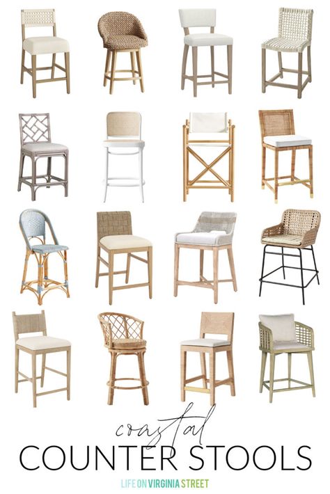 A collection of my favorite coastal counter stools! Includes rattan counter stools, seagrass stools, woven rope stools, wood and upholstered stools, and director chair style stools! Kitchen Island Size Guide, Kitchen Island Size, Best Bar Stools, Organic Modern Kitchen, White Counter Stools, Target Kitchen, Rattan Counter Stools, Island Stools, Classic White Kitchen