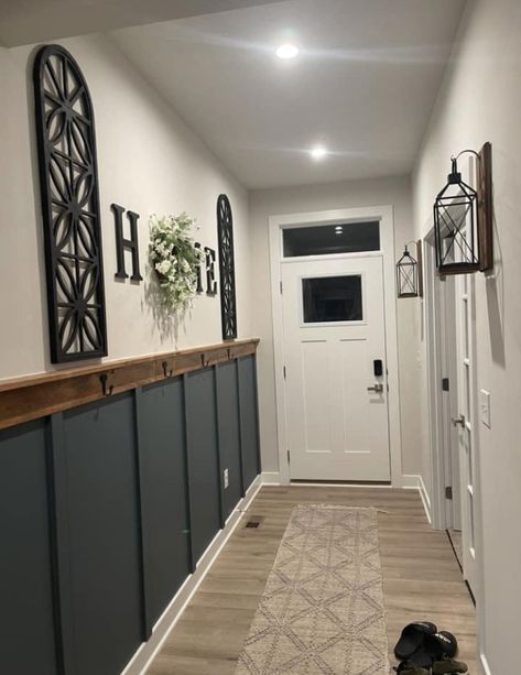 Diy Entry Way Accent Wall, Empty Wall Ideas Hallway, Front Entry Flooring Ideas, Wood Accent Wall Entryway, End Of Hallway Accent Wall, Wainscoting Ideas Entryway, Entry Way Wall Ideas, Entryway Living Room Combo, Mudroom Entryway Ideas