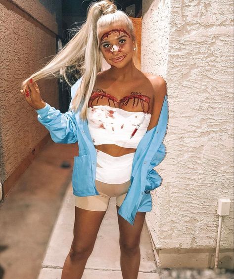 Halloween costume Botched Barbie Halloween Costume, Barbie Halloween Costume Scary, Halloween Patient Costume, Botched Halloween Makeup, Botched Barbie Halloween, Botched Plastic Surgeries Costume, Scary Barbie Costume, Zombie Barbie Costume, Botched Halloween Costume