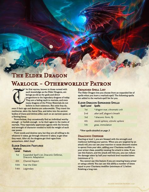 Elder Dragon Otherworldly Patron - use the ferocity of your patron to terrify and destroy your enemies. - UnearthedArcana Dnd 5e Homebrew Dragon Age, Otherworldly Patron 5e, Dnd 5e Warlock Patron, Warlock Dnd Patron, Dnd Homebrew Subclasses 5e, D&d Dragons, Dnd Dragon Art, Warlock Patrons 5e, Dnd Warlock Patron