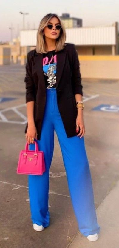 Blue Casual Pants Outfit, Business Casual Outfits For Women Blue Pants, Royal Blue Pants Outfit Fall, Cobalt Blue Work Outfit, Royal Blue Palazzo Pants Outfit, Royal Blue Linen Pants Outfit, Bright Blue Pants Outfit Women, Blue High Waisted Pants Outfit, Cobalt Blue Trousers Outfit