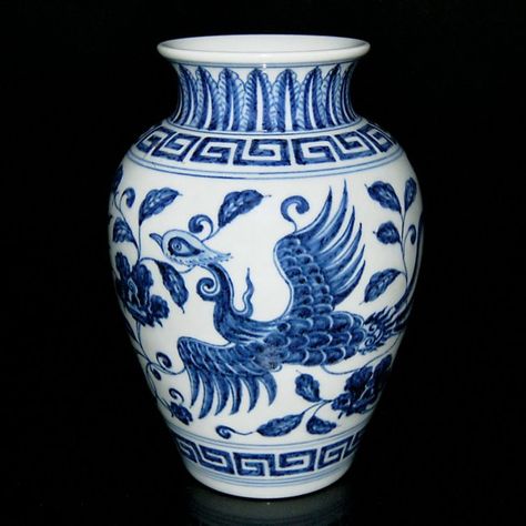 Very Fine Blue and White Phoenix Ovoid Vase. The body is painted in underglazed-blue with two phoenixes in flight. The flared short neck is decorated with an upright plantain band. Ming Dynasty, Xuande Six Character within Double Circles Mark and of the Period. H 8 in Ming Dynasty Pottery, Textiles Moodboard, Chinoiserie Vase, Chinese Porcelain Vase, Chinese Paintings, Vivienne Tam, Short Neck, Japanese Vase, Blue And White Vase