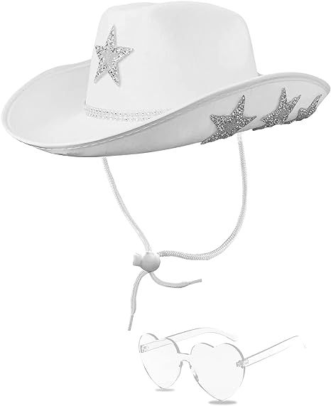 White Cowgirl Hat, Star Fits, Barbie And Ken Costume, Tomorrowland Outfit, Female Comedians, White Cowboy Hat, Bachelorette Hats, Cowgirl Bachelorette Parties, Cowboy Costume