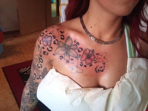 Shoulder Cheetah Print Tattoo, Cheetah Shoulder Tattoos For Women, Cheetah Print Flower Tattoo, Leopard Print Flower Tattoo, Leapord Print Tattoos, Leopard Print Arm Tattoo, Cheetah And Flower Tattoo, Cheetah Shoulder Tattoo, Cheetah Print Sleeve Tattoo