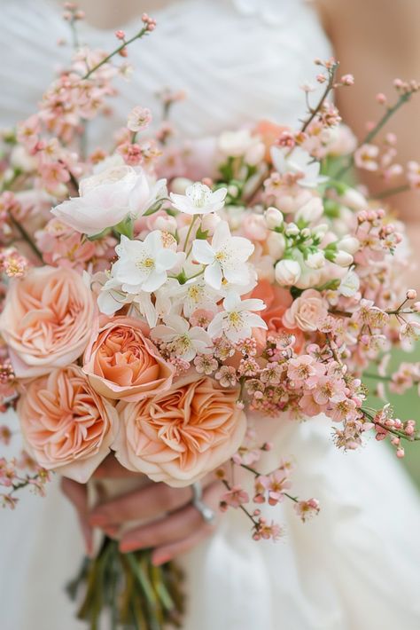 47  Ways to Embrace Spring in Your Wedding Bouquet Peach Flower Bouquets, Pastel Peach Wedding, Cherry Blossom Wedding Bouquet, Simple Summer Wedding, Peach Wedding Decorations, Peach Pink Wedding, Apricot Wedding, Pastel Bridal Bouquet, 2026 Wedding