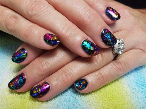 Black rainbow foil gel polish nails Black And Foil Nails, Rainbow Foil Nails, Rainbow And Black Nails, Dark Rainbow Nails, Black Nails With Foil, Black Nails With Rainbow, Black Foil Nails, Gel Nails Rainbow, Edc Nails