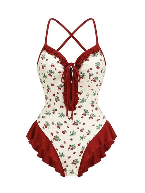 Aliyah's Interlude, Strawberry Swimsuit, Swimsuit Vintage, Night Gown Dress, Red One Piece, Clothing Design Sketches, Retro Swimsuit, Vintage Swimwear, Cute Bathing Suits