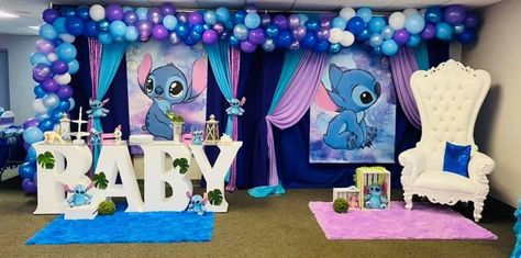 Stitch Baby Shower Centerpieces, Purple Baby Shower Theme, Angel Gender, Baby Shower Party Planning, Purple Baby Shower, Angel Baby Shower, Gender Reveal Baby Shower Themes, Baby Gender Reveal Party Decorations