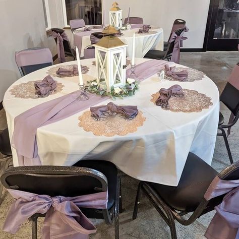 Lavender And White Table Decorations, Lavender And Silver Table Decor, Lilac And Gold Table Setting, Purple Wedding Round Table Settings, Purple And White Table Setting, Lavender Tea Party Table Settings, Purple Tablecloth Setting, Lavender And Gold Table Setting, Purple Round Table Settings