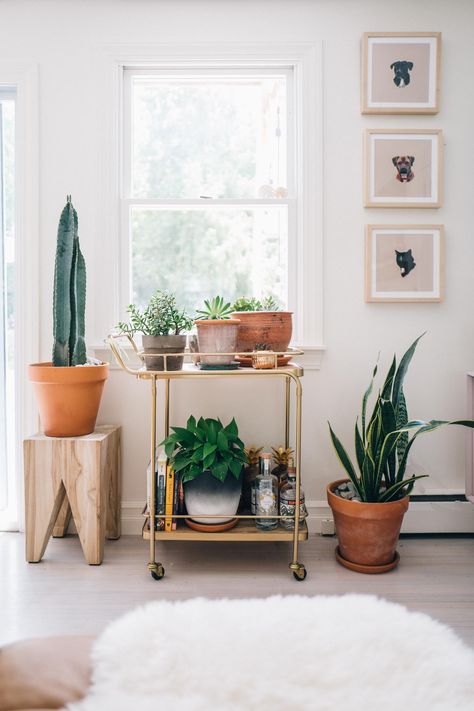 Plants In Living Room, Plant Station, Big Coffee Table, Side Table Living Room, Wood Bar Cart, Metal Cart, Zoom Background, Bar Cart Decor, Marble Side Tables