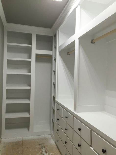 Built in closet in 11 foot by 5 foot room. 5 Foot Closet Layout, Diy Built In Closet, Andrew Harris, Diy Built In Shelves, Closet Redesign, Closets Ideas, Built In Closet, Master Closet Design, Dream Pantry