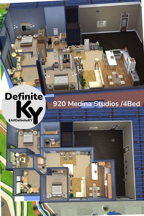 Functional in gameplay. Need "Moveable/Buyable City Living Apartment Objects" Mod. **Download from Patreon/EA gallery #DefiniteKY 920 Medina Studios Sims 4 Layout, 920 Medina Studios Sims 4, Sims 4 City Living Apartments, Sims 4 Apartment Layout City Living, Sims4 Builds, City Living Apartment, Sims 4 City Living, Living Apartment, Sims Houses