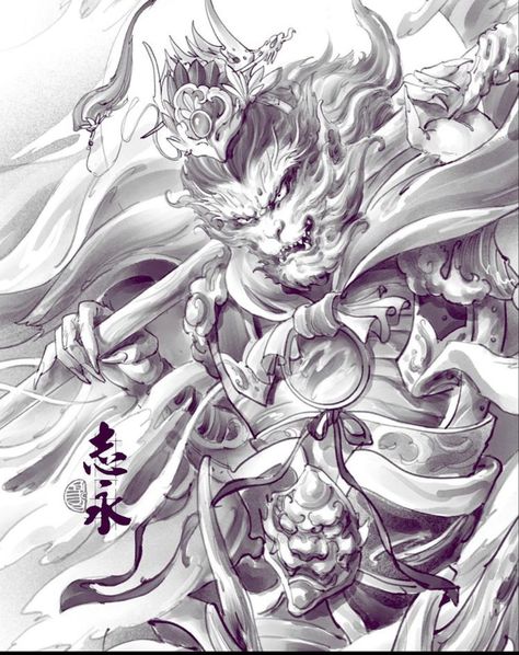 Wukong Tattoo Design, Monkey King Tattoo Design, Monkey King Tattoo, Japanese Cloud Tattoo, Dragon Tattoo Sketch, Poseidon Tattoo, King Drawing, Japanese Flower Tattoo, Dragon Tattoo Art