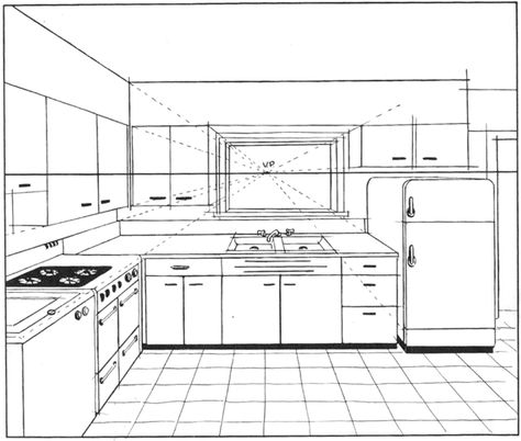 Step 06 perspective inner rooms Basics of 1 Point and 2 Point Perspective   AKA Parallel and Angular Perspective Lesson Perspective Room, 3 Point Perspective, Perspective Lessons, Kitchen Drawing, Perspective Drawing Architecture, Drawing Interior, Perspective Drawing Lessons, Interior Design Drawings, Bg Design