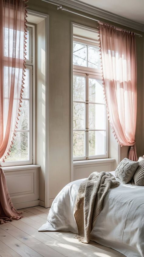 Add a dreamy touch to your space with pastel pink curtains 🌸🪟. These flowy, delicate drapes soften the room and enhance natural light. Perfect for a cozy, romantic vibe that feels like a retreat. #PastelPinkCurtains #BedroomDecor #CozyCorners #SoftAesthetic #DreamySpaces 🌷🌙 Pastel Pink Bedroom, Pink Bedroom Curtains, Cozy Romantic, Closet Curtains, Bedroom Drapes, Bedroom Curtains, Pink Curtains, Pink Bedrooms, Contemporary Chic