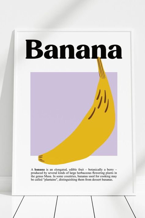 Banana Fruit Print | Banana Poster | Digital Download | Minimalistic Art Print Banana | Wall Art Poster Banana Poster, Kitchen Wall Print, Banana Design, Banana Jam, Banana Uses, Fruit Poster, Minimalistic Art, Banana Art, Banana Fruit