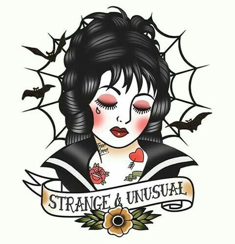 Artist Unknown Traditional Tattoo Halloween, Beetlejuice Tattoo, Halloween Tattoo Flash, Traditional Tattoo Inspiration, Unusual Tattoo, Strange And Unusual, Gothic Rose, Spooky Tattoos, Old School Tattoo Designs