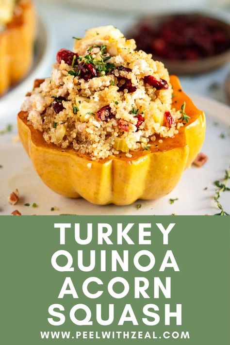 Ground Turkey Stuffed Acorn Squash A delicious dinner recipe perfect for cold weather. Roasted squash stuffed with turkey, quinoa, crisp apples, and dried cranberries. Sage and thyme round out this easy recipe. Turkey Stuffed Acorn Squash Recipes, Turkey Stuffed Acorn Squash, Ground Turkey Acorn Squash, Ground Turkey Stuffed Acorn Squash, Acorn Squash With Quinoa Recipes, Acorn Squash Quinoa, Quinoa Acorn Squash, Stuffed Acorn Squash Recipes Quinoa, Quinoa Squash