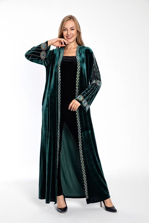 Velvet abaya with perfect design embroideries Velvet Abaya Designs, Kaftan Abaya Dubai, Velvet Dress For Women, Velvet Abaya, Velvet Kaftan, Long Velvet Dress, Neck Patterns, Kaftan Abaya, Women Embroidery