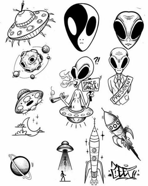 Tato Flash, Alien Drawings, Space Drawings, Alien Tattoo, Flash Tattoo Designs, Doodle Tattoo, Tattoo Flash Sheet, Sketch Tattoo Design, Tattoo Art Drawings