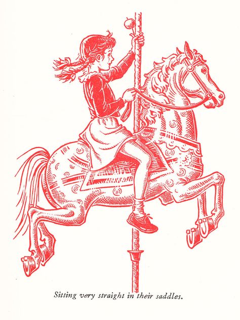 "Twelve Months Make a Year" by Elizabeth Coatsworth.  Illustrated by Marguerite Davis.  Copyrighted 1943 by The Macmillan Co. Carrousel Illustration, Saddle Illustration, Carousel Horse Tattoos, Carousel Tattoo, Circus Horse, Vintage Carousel, Horse Illustration, Children's Illustration, Horse Tattoo