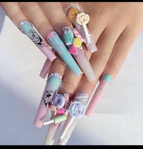 Nail Designs With Candy Charms, Candy Charms Nails, Nails With Candy Charms, Candy Charm Nails, Candy Nails Designs, Ice Cream Nail Art, Nails Fruit, Ambre Nails, Cream Nail Art