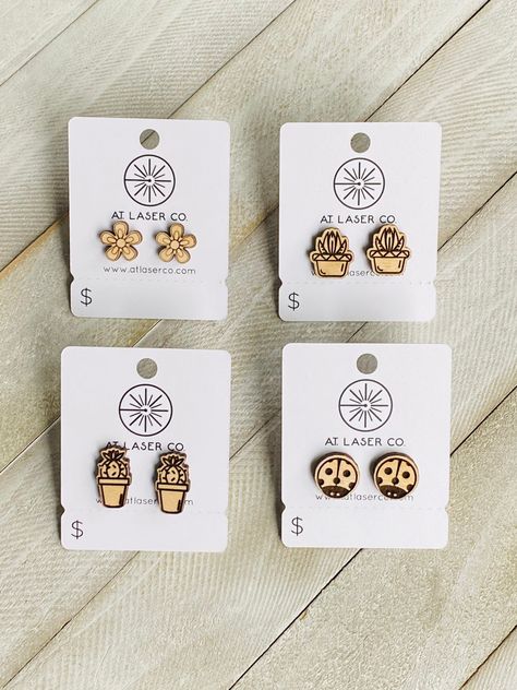 Hey crazy plant lady, these stud earrings are for you! Laser engraved and cut to show incredible detail on such a small stud. Wooden Stud Earrings, Laser Engraving Earrings, Engraver Projects, Xtool Projects, Wooden Earrings Studs, 3d Printed Earrings, Printed Earrings, Laser Cut Wood Earrings, Laser Projects