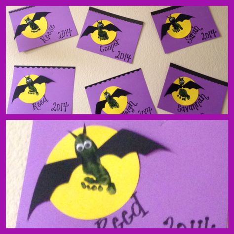 Infant footprint bats Halloween craft Footprint Bats Halloween Crafts, Monster Mash Footprint Craft, Halloween Ideas For Infants, Bat Footprint Craft, Infant October Crafts, October Footprint Art For Infants, Bat Footprint Art, Footprint Bats, Halloween Footprint Art For Infants