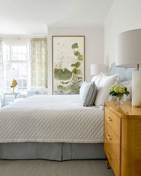 blue and white bedroom design by blue print interiors | large scale art by arienne lepretre | white coverlet with blue bedskirt | sycamore side table from blue print | blueprintstore.com Bedroom Hygge, Guest Bedroom Inspiration, White Bedroom Design, Purple Bedrooms, Gold Bedroom, Coastal Bedrooms, Master Bed, Primary Bedroom, Dreamy Bedrooms