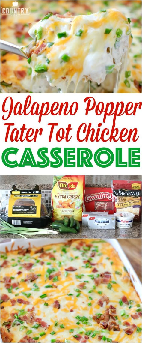 Jalapeno Popper Tater Tot Chicken Casserole recipe from The Country Cook Tater Tot Chicken Casserole, Bacon Ideas, Breakfast Crockpot, Chicken Tater Tot Casserole, Superbowl Food, Easy Sandwich, Chicken Casserole Recipe, Breakfast Crockpot Recipes, Tot Casserole