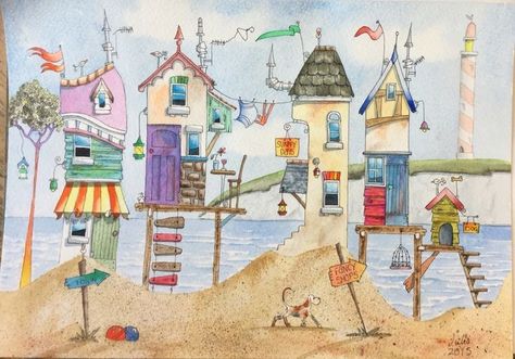 Beach Huts Art, Seascape Watercolor, Beach Illustration, Beach Huts, Beach Watercolor, Happy Paintings, Pen And Watercolor, Beach Hut, Watercolor Inspiration