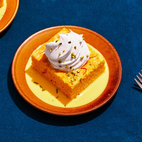 Saffron Milk Cake Recipe | Bon Appétit Saffron Milk Cake, Study Blue, Milk Cake Recipe, Saffron Milk, Saffron Cake, Thanksgiving Food Desserts, Tres Leches Cake, Milk Cake, Color Study