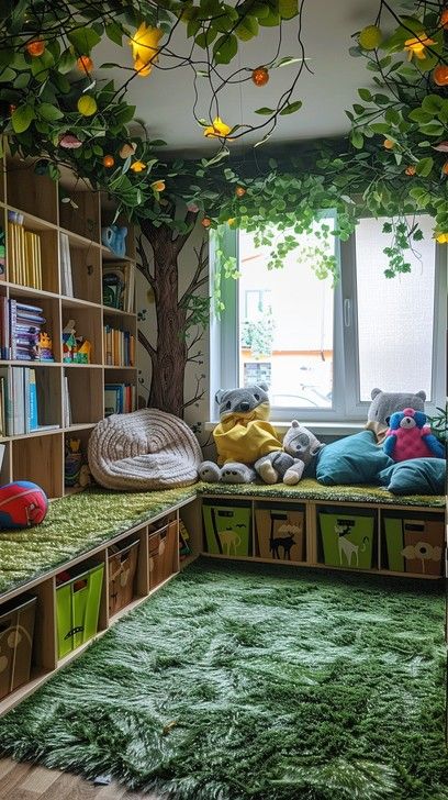 Forest Theme Playroom, Enchanted Forest Room Ideas, Indoor Enchanted Forest, Enchanted Forest Classroom Theme, Forest Room Ideas, Forest Theme Room, Enchanted Forest Room, Childrens Reading Nook, Enchanted Forest Bedroom